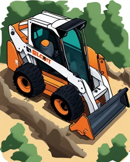 Isometric bobcat skidsteer with front bucket attachment, cartooned proportions, Digital painting