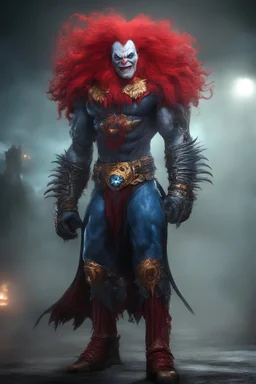 full body, head to toe, 3D, Flash Lambert the third, the anthropomorphic black Chinese Indian werewolf emperor zombie kraken terminator robot Gene Simmons, Bozo the clown, Superman, with Long wavy, curly (((red hair))) - full color - 32k, UHD, 1080p, 8 x 10, glossy professional quality digital photograph - raging sea and mountains and a ship in the background, historic, powerful, exquisite detail, sharp - focus, ((skin details, high detailed skin texture))