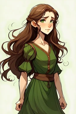 Cartoony, teenage girl, long, wawy, brown hair, elvish, short, green dress