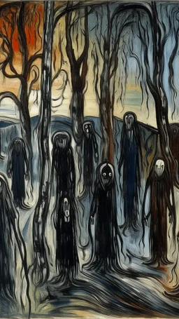 A black thicket with shadow monsters painted by Edvard Munch