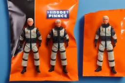 Mike pence G.i. Joe toy doll space force uniform inside a blister packaging hanging on a Wallrack in toystore, fluorescent orange, wide angle shot whole body, black moonboots, fullsize, bright green pricetag, on sale!