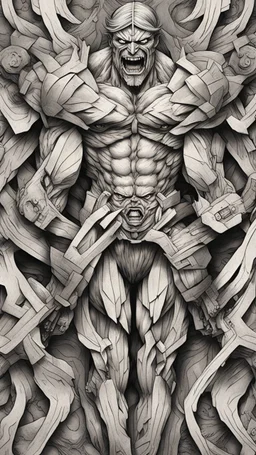 Create a captivating pattern inspired by the first Titan in Attack on Titan. The design should embody the essence of the inaugural Titan, capturing its colossal power and fearsome presence. Consider the intricate details of its transformation, incorporating the emotional undertones and brutal strength that define the Titan. Whether through stark lines or flowing curves