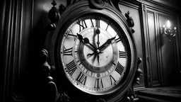 I want a big clock hanging on the wall that looks like it is haunted and cursed and makes you feel afraid. I want it to be a black and white picture.