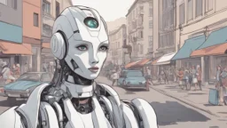 female robot, in a street, shops, cars, people