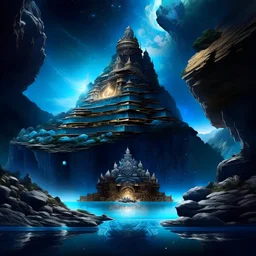MAGIC rocky cliff, Palace carved into the rock, galaxy, infinity, space, water , sci-fi. meditation lotus website