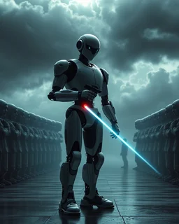 prisoners lined up in circle , one after another , in the middle a an Ai robot as guard with laser gun , great quality picture with cinematic scenes , heavy clouds in the background