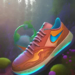 pixar style, volumetric summer garden environment and background, hyper realistic painting of best 3d puffer Nike sneaker, looking excited, volumetric lighting, dramatic lighting, detailed digital painting, anime, ornate, colour-saturated colors, chaotic, small minutiae, tiny features, particulars, centered, smooth, sharp focus, renderman gofur render, 8k, uhd, detailed eyes, realistic shaded volumetric lighting, sunlight caustics, backlight, centered camera view