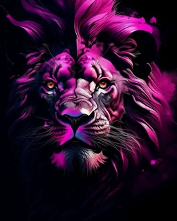 Fascinating dark fantasy illustration, strikingly capturing the essence of a lion's face split in half. To one side, a majestic and ferocious lion looks out, its golden mane contrasting with the surrounding darkness. On the other side, the face of a cat. Background vibrant pink colors and deep blacks, enigmatic, captivating atmosphere, disturbing and intriguing composition