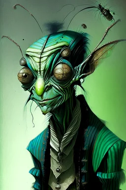 Artist Jean-Baptiste Monge style. A old biomorph male humanoid with Ant face. Bright eyes. A green and blue striped outfit. Modifiers: Tim Burton Craig Rutkowski