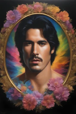 a man's face inside a round gold frame, Paul Stanley/Elvis Presley/Keanu Reeves/Jon Bernthal, multicolored, large, Floral/rainbow designs, atmospheric, beautiful, pitch-black background, oil painting by Boris Vallejo, 4k UHD, Photorealistic, professional quality