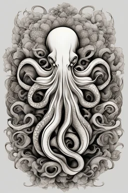 Create a captivating modern 2d ink tattoo design for print , prestigious (Sacred Octopus) using the elegant influences of japan art style, for print, dynamic elements from fashion and design, and bold Japanese contemporary art aesthetics, framing centered in the center, distanced from the edges of the paper perimeter, perfect anatomy, bauhaus, Divine Proportion,