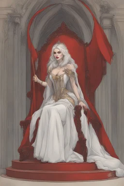 Beautiful white haired Vampire queen on her throne, drawing. Wearing a red cloak with a fur collar