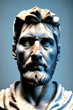 Ultra Realistic image, roman sculpture, white marble material, Lionel Messi, emperor Laurel crown, miguel angel style, chisel style, emperador, waist up portrait, epic, celestial, cinematic lighting, God light, god rays, 4k resolution, smooth details, ornate details, soft lighting, unreal engine 5, sky and clouds background.