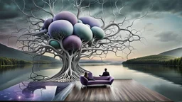 back to the camera a figure sittings on amorph shape sofa in a beautiful dreamlike landscape and overlooking the water of the nearby lake, calm, harmonious atmosphere, muted dark colors, purple, white, gray, green, blue, brown, silver, black , ,not too colorful colors, Whimsical style and giant stunning neuron network all over the sky, half shadow and half light abyss, surreal stunning vibe