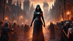 a burning female sorcerer in black cloth and gloves leading an army of rotting zombies through a burning medieval city. the apocalypse. blood. magic in the sky. fantasy setting. intense horror. blind terror. scared to death. a masterpiece, fantasy concept art, dynamic lighting, hyperdetailed, intricately detailed, deep color, Unreal Engine, volumetric lighting, Epic cinematic brilliant stunning intricate meticulously detailed dramatic atmospheric maximalist digital matte painting