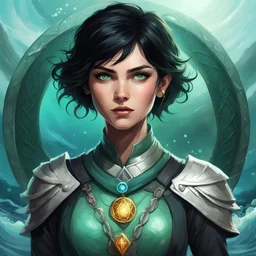 dungeons & dragons; digital art; portrait; female; warlock; the fathomless; sea green eyes; short black hair; young woman; sea travel clothes; teenager; deep waters; ocean water; circle halo background; no jewelry; young; pretty