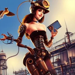 great illustrator, spanish, realistic rendering of a cute girl, beautiful, steampunk syle, aquarello. Helmet with tubes. smiling. Machinery in the background. robotic bird flying. High details. 4k. unreal engine