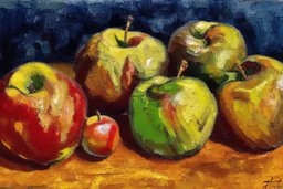 Abstract impasto oil painting of an apples on a table in the style of cezanne style of William Turner