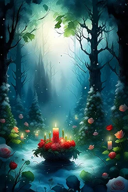 CANDLES ARE BURNING IN A WONDERFUL CLEARING IN A MAGICAL FOREST, THE NIGHT IS FULL MOON, SNOW, MAGIC 77. Watercolor, double Chinese rose bush, ultra-detailed, morning, rain, greenery, beautiful landscape, fog, many details, delicate sensuality, realistic, high quality, 3d, work of art, hyperdetalization, filigree, foggy haze background, hyperrealism, professional, transparent, delicate pastel tones, back lighting, contrast, fantastic, unreal, translucent, glowing, clear lines, epic fabulous, fab