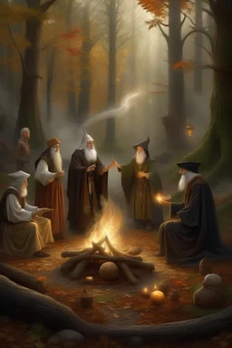 5 old realistic magicians, magical, in a forest sit in a circle and cast a spell to heal the world while the globe is burning