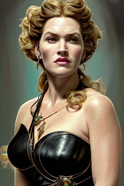 painting of kate winslet as evil queen in black leather gown, feminie, angry, stern look on her face, volouptous, busty, cleavage, emperious, mature, highly detailed, digital painting, artstation, concept art, smooth, sharp focus, illustration, art by gaston bussiere and alphonse mucha