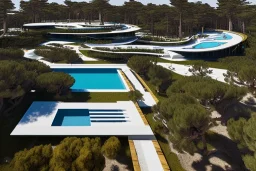 Day in quinta do lago, one straight line building of two floors on a slope of pine trees, with a 250 meters long pool on the rooftop building, modernistic luxury architecture with wood and antracite dark metallic pergolas, sexy loungers by the pool, red Ferrari and yellow lamborghini