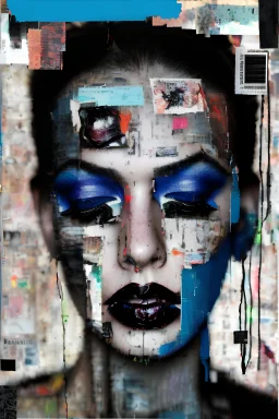 Ultra detailed medium portrait painting of a woman, abused, chaos and dark,torn up collage strips of photo clippings, graffiti spots in background,matrix effects, punk visual art, punk art aesthetic, graffiti art, pop surrealism, collage art, cluttered paint glitches