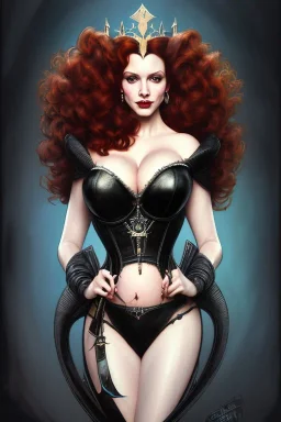 painting of christina hendricks as evil queen in black leather, feminie, angry, volouptous, busty, cleavage, emperious, mature, highly detailed, digital painting, artstation, concept art, smooth, sharp focus, illustration, art by gaston bussiere and alphonse mucha