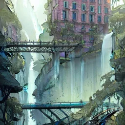 "A train pass under a waterfall in city with tree"+Beaux Arts architecture+palladio+detailed facades biopunk+Bueno Aires+turin+trieste+ +Book illustration by Gediminas Pranckevičius, Jean Baptiste Monge, Brian Kesinger, Anton fadeev, Kilian Eng, strong lines, high contrast vibrant colors, highly detailed, 16k resolution, trending on behance