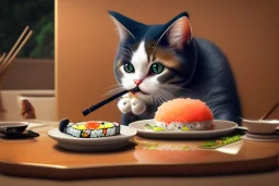 Cute cat is eating sushi