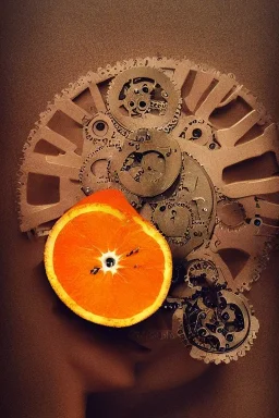 portrait, an orange cut in half with tiny clockwork gears embedded in its flesh, AbstractTech clockpunk, Food photography, beautiful, delicious food, recipe photography, realistic, natural light, colorful, food art, object photography, vignette, ultra HD