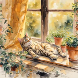 photorealistic, high-resolution image of a grey tabby cat sleeping on a sunny wooden windowsill next to various potted plants. The cat, with light brown and black stripes, lies on its back, paws up, basking in a ray of golden sunlight that illuminates its fur. The window in the background features an amber curtain on the left, and a wooden frame separates the panes. Outside the window, soft golden light suggests either sunrise or sunset, with blurred foliage visible. On the windowsill, several t