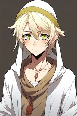 "Draw an Arab anime character in the style of the anime 'Vanitas.' The character has blonde hair, light tan skin, wears simple Arab clothing, has beautiful and lively features, is very tall, and exhibits funny expressions."