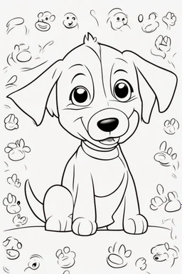 blank colouring book, white background, simple picture for toddlers, dog with one tail, four legs, smile on face, disney and pixar style