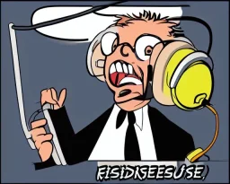 Animateur radio énervé, caricature, 1 seul personnage, micro, casque, note de musique, humour