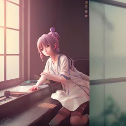 Anime girl studying in room, perfect face, window, nature, anime style, unreal engine 5, studio lighting