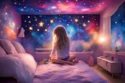 In her bedroom, the adorable girl sits mesmerized by the shining stars on her galaxy wall, allowing her imagination to transcend reality as she dreams of painting a fantasy world filled with vivid colors.