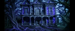 A purple haunted mansion covered in cobwebs painted by Vincent van Gogh