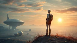 A photorealistic image of a slender 60-year-old woman, in brown shorts, a shirt and boots, with a backpack, standing on a hill looking down on a futuristic derelict sci-fi spaceport with low alien buildings.