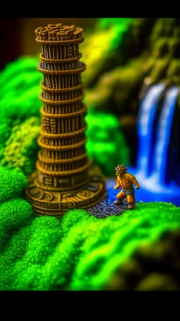 macro of a oniric board game with a small spiral staircase that ends in a wild waterfall, fujifilm, behind a huge orc hand opens like a storm, odd atmosphere, brighten dawn, high detail level