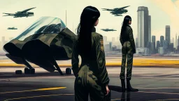 Tall thin women, with straight black hair, dressed in a camouflaged jumpsuit, looking out from the rear of a futuristic aircar, on a tarmac runway, with a city skyline in the distance