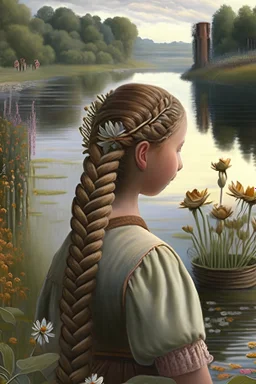 A girl plants a flower in front of a river On its bank is a palace and her hair is braids