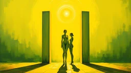 (forbidden fruit:)a painting of three people standing next to each other, an acrylic painting, trending on cg society, yellow and limegreen color scheme, monoliths, siluettes, in a row, detailled light, group of people, trending on artstion, female forms, smoldering, suns, chambers