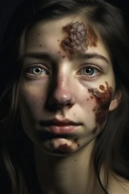 20 year old woman, sunken face, dramatic style, total figure, tumors and scar in half of her face