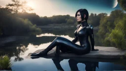 fantasy photo of a woman with black hair, sitting on a ledge over a pond, wearing an android-looking catsuit, sideways, with a planet behind her head