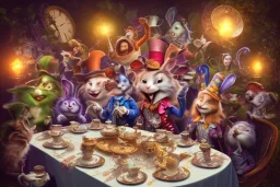 the mad hatter's tea party, long table, the mad hatter, the march hare, alice, the cheshire cat, alice in wonderland, signpost pointing in different directions, orbs of light, tea pot, teacup, film still