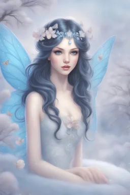 Very very cute snow fairy woman with a lovely face and radiant with beauty and googdness,pastel colors, great wisdom, transparent blue wings, full lips, depuis blue eyes, long black hair with small shaped pearls snowflakes in her hair, nice body, dressed in a snow fairy dress, in a enchanted landscape with flower and trees and butterflies, ,pastelscolors, , realistic, real photo, highly detailed and contrast