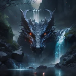 Gargantuan black death dragon with glowing eyes in dark waterfall