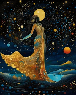 No corners drawing lines dots Kandinsky A full-body pretty African Asian moon goddess draped in flowing celestial fabric walks on water beneath a glowing full moon. Her gown unfurls like clouds, catching starlight and golden dust in the night air. The scene is surreal and divine, with painterly textures and a balance of shadow and illumination vertical Award winning imagery trompe l'oeil 3D surrealism masterpiece of Odilon Redon's dreamlike surrealism. kintsugi painting of abstract squares creat
