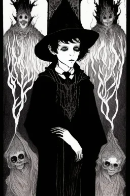 7 year old boy, necromancer, friendly, looks dead, surrounded by weird smoke with eyes, wearing black robes, in the style of Harry Clarke
